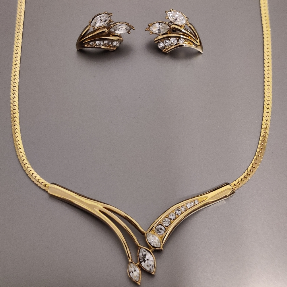 Vintage Signed Vendome Diamante Jewelry Set Necklace and Pierced Earrings